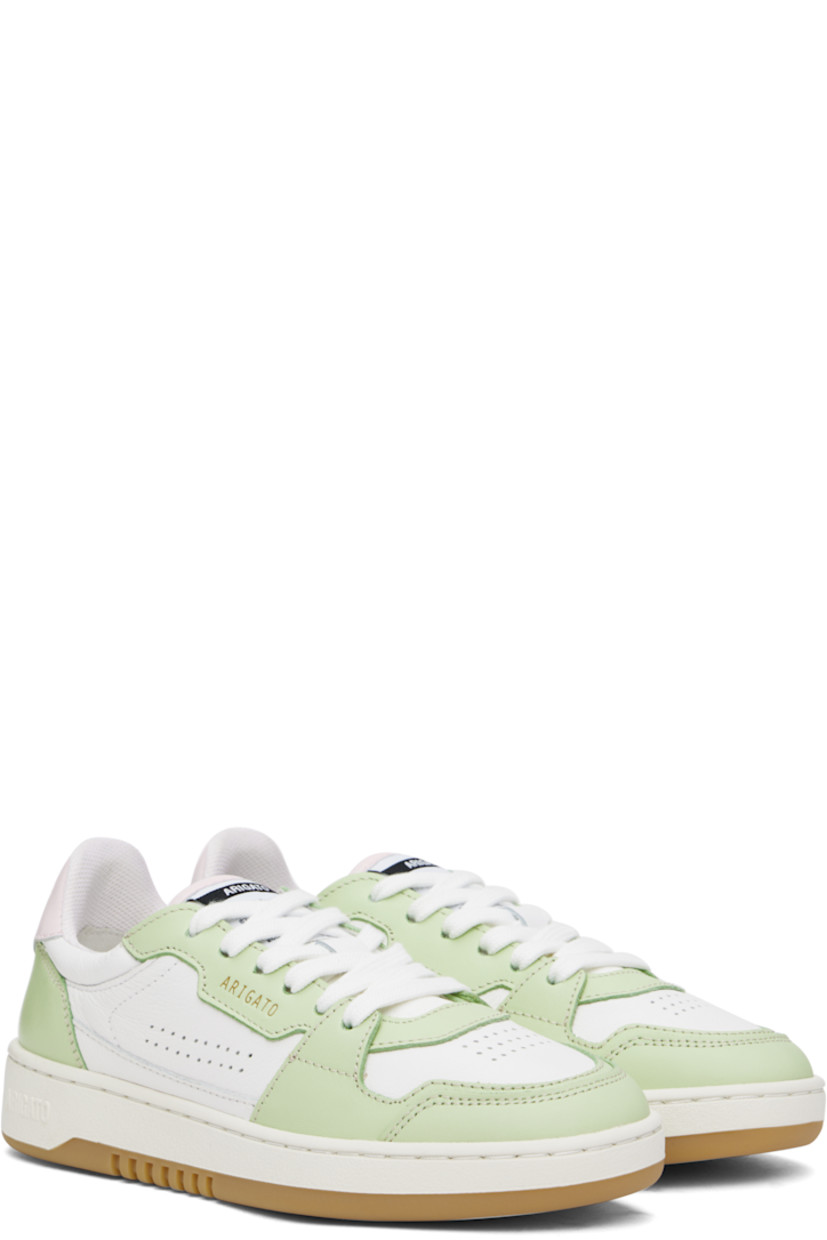 Handcrafted low-top buffed leather sneakers in white and green. 

· Perforations at toe and sides
· Lace-up closure
· Logo patch at padded canvas tongue
· Padded collar
· Logo stamp at outer side and heel tab
· Recycled mesh and faux-suede lining
· Logo embossed at textured rubber midsole
· Treaded rubber sole

Supplier color: White/Lt green