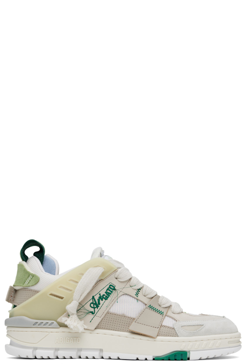 Handcrafted low-top LWG-certified suede and mesh sneakers in beige and green. 

· Rubberized trim and raw edges throughout 
· Lace-up closure
· Logo patch at padded canvas tongue
· Pull-loop at padded collar
· Logo embroidered at outer side 
· Loose thread detailing
· Mesh lining
· Logo embossed at rubber midsole
· Treaded rubber sole

Supplier color: Dark beige/Light green
