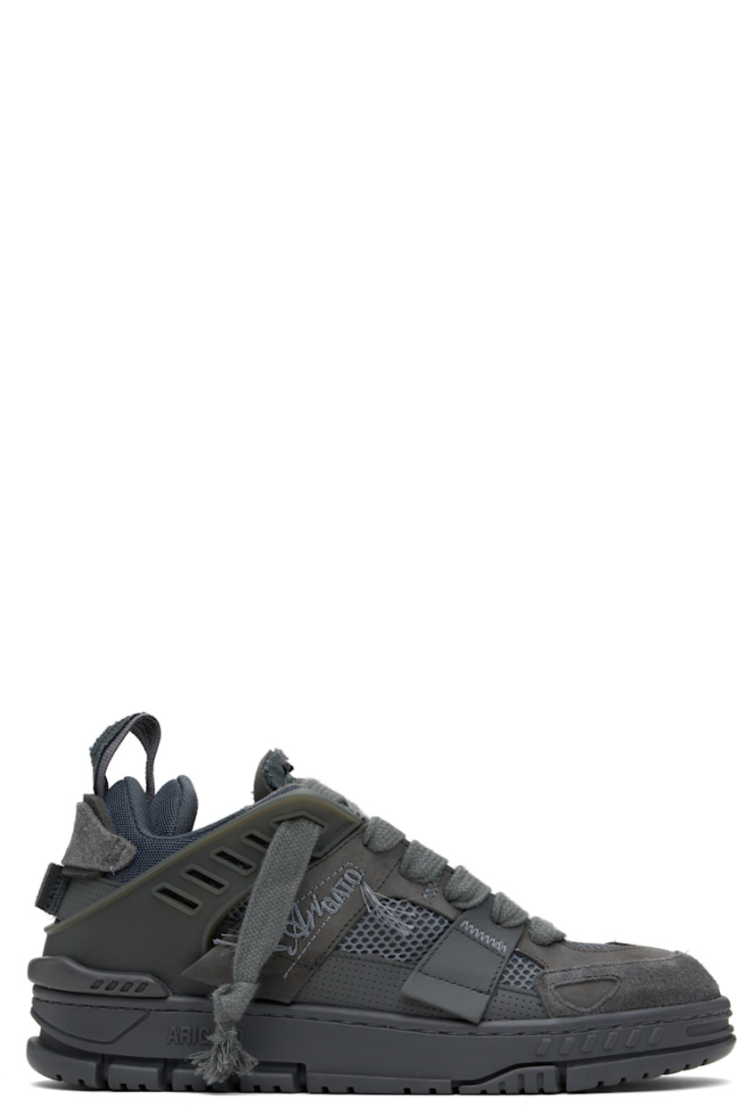 Handcrafted low-top LWG-certified suede and mesh sneakers in gray. 

· Rubberized trim and raw edges throughout 
· Lace-up closure
· Logo patch at padded canvas tongue
· Pull-loop at padded collar
· Logo embroidered at outer side 
· Loose thread detailing
· Mesh lining
· Logo embossed at rubber midsole
· Treaded rubber sole

Supplier color: Grey