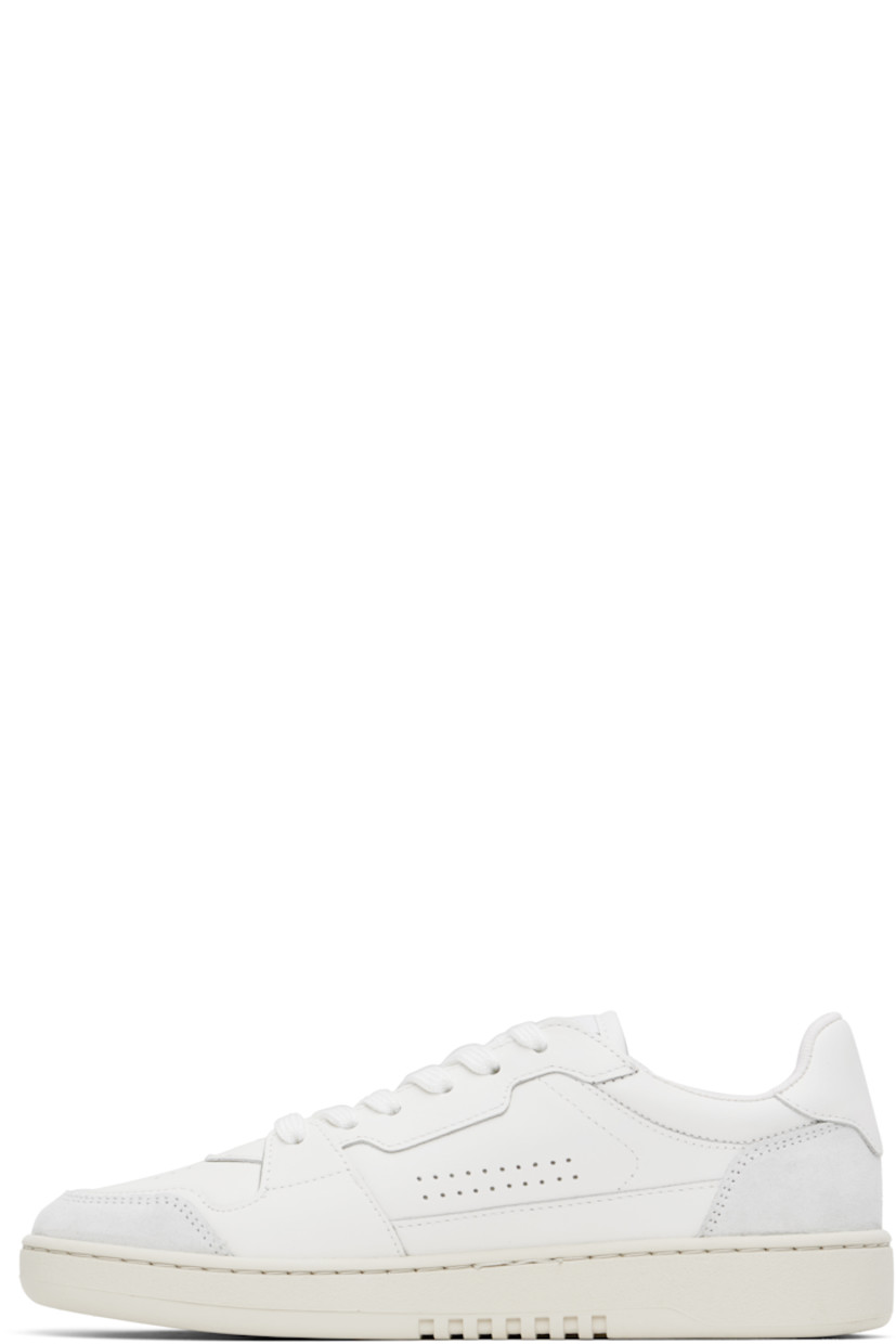 Handcrafted low-top LWG-certified buffed calfskin and calfskin suede sneakers in white and gray.

· Perforated detailing throughout
· Lace-up closure
· Logo patch at padded canvas tongue
· Padded collar
· Logo stamp at outer side 
· Removable cushioned footbed
· Recycled mesh lining
· Logo embossed at crêpe rubber midsole
· Treaded rubber sole

Supplier color: White