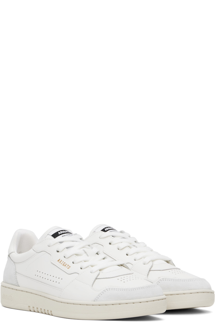 Handcrafted low-top LWG-certified buffed calfskin and calfskin suede sneakers in white and gray.

· Perforated detailing throughout
· Lace-up closure
· Logo patch at padded canvas tongue
· Padded collar
· Logo stamp at outer side 
· Removable cushioned footbed
· Recycled mesh lining
· Logo embossed at crêpe rubber midsole
· Treaded rubber sole

Supplier color: White