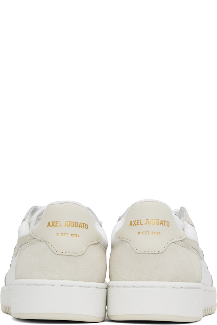 Handcrafted low-top buffed leather, suede, and recycled canvas sneakers in white and beige.

· Perforated detailing at toe
· Lace-up closure
· Logo patch at padded tongue
· Padded collar
· Logo stamp at outer side and heel tab
· Embroidered graphic at outer side
· Recycled mesh lining
· Logo embossed at crêpe rubber midsole
· Treaded rubber sole

Supplier color: White/Off white