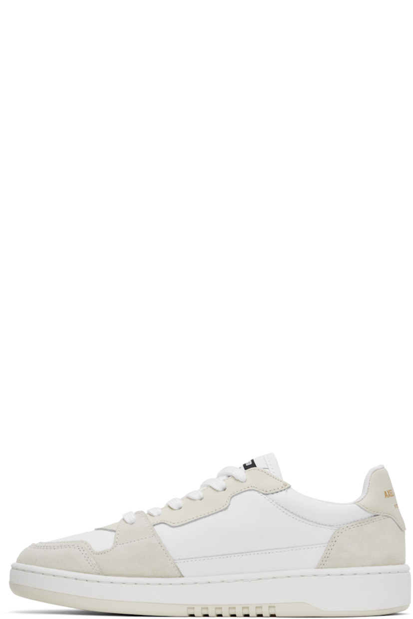 Handcrafted low-top buffed leather, suede, and recycled canvas sneakers in white and beige.

· Perforated detailing at toe
· Lace-up closure
· Logo patch at padded tongue
· Padded collar
· Logo stamp at outer side and heel tab
· Embroidered graphic at outer side
· Recycled mesh lining
· Logo embossed at crêpe rubber midsole
· Treaded rubber sole

Supplier color: White/Off white