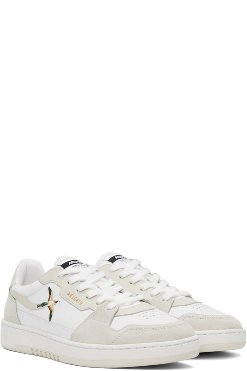 Handcrafted low-top buffed leather, suede, and recycled canvas sneakers in white and beige.

· Perforated detailing at toe
· Lace-up closure
· Logo patch at padded tongue
· Padded collar
· Logo stamp at outer side and heel tab
· Embroidered graphic at outer side
· Recycled mesh lining
· Logo embossed at crêpe rubber midsole
· Treaded rubber sole

Supplier color: White/Off white