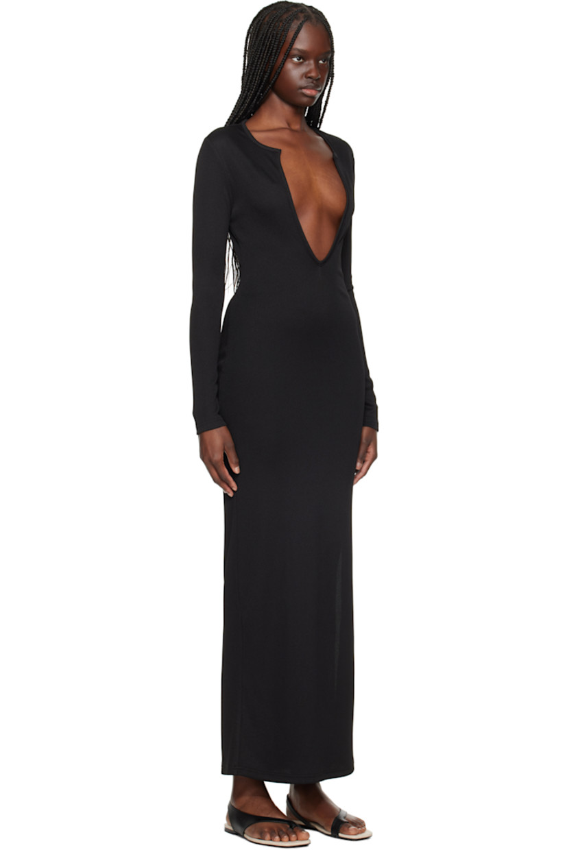 Stretch polyester ribbed jersey maxi dress.

· Plunging V-neck
· Slit at side seam
· Keyhole at back collar

Supplier color: Black