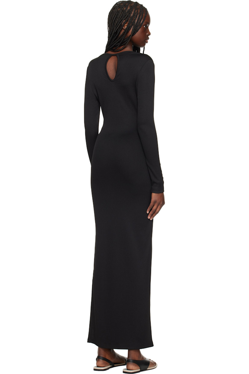 Stretch polyester ribbed jersey maxi dress.

· Plunging V-neck
· Slit at side seam
· Keyhole at back collar

Supplier color: Black