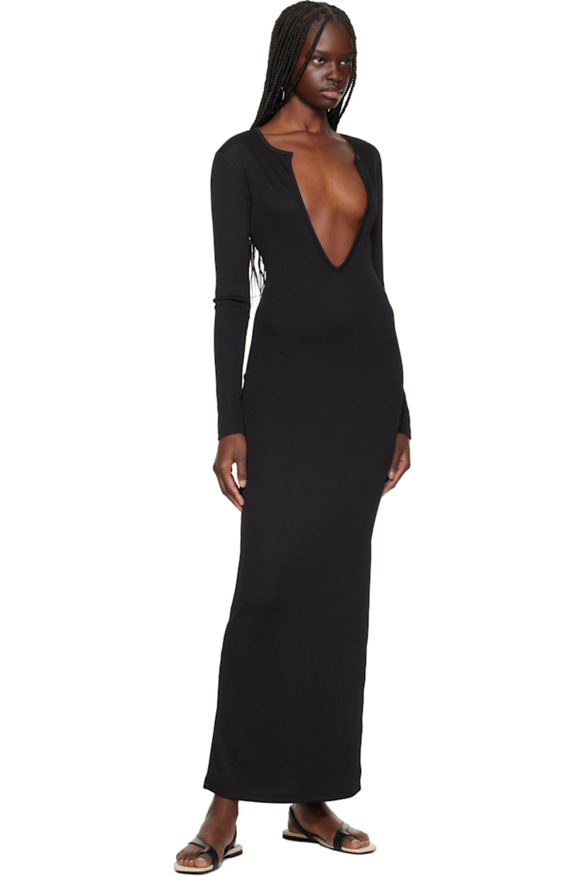 Stretch polyester ribbed jersey maxi dress.

· Plunging V-neck
· Slit at side seam
· Keyhole at back collar

Supplier color: Black