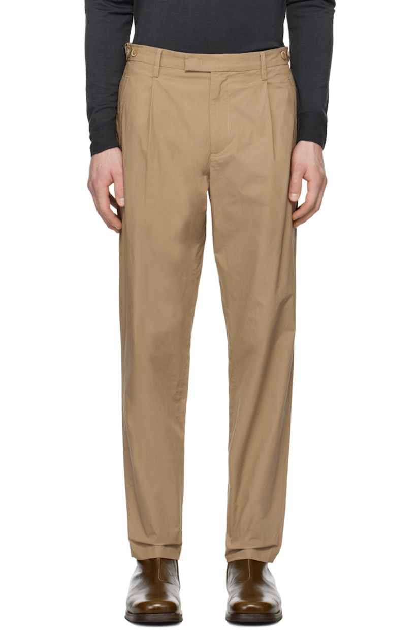 Slim-fit stretch cotton poplin trousers. 

· Mid-rise
· Belt loops 
· Adjustable button tabs at waistband 
· Four-pocket styling
· Zip-fly
· Pleats at front

Supplier color: Khaki