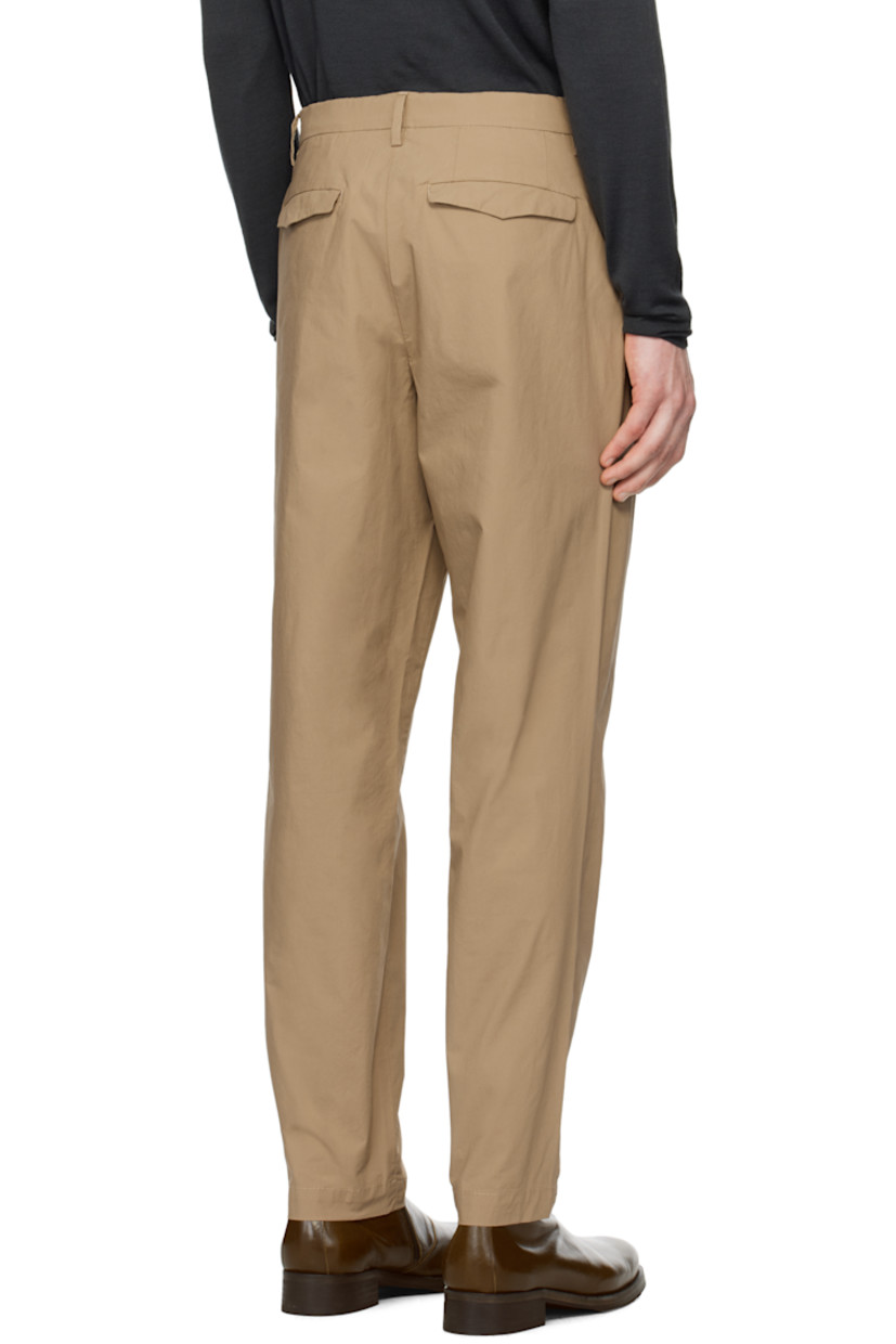 Slim-fit stretch cotton poplin trousers. 

· Mid-rise
· Belt loops 
· Adjustable button tabs at waistband 
· Four-pocket styling
· Zip-fly
· Pleats at front

Supplier color: Khaki