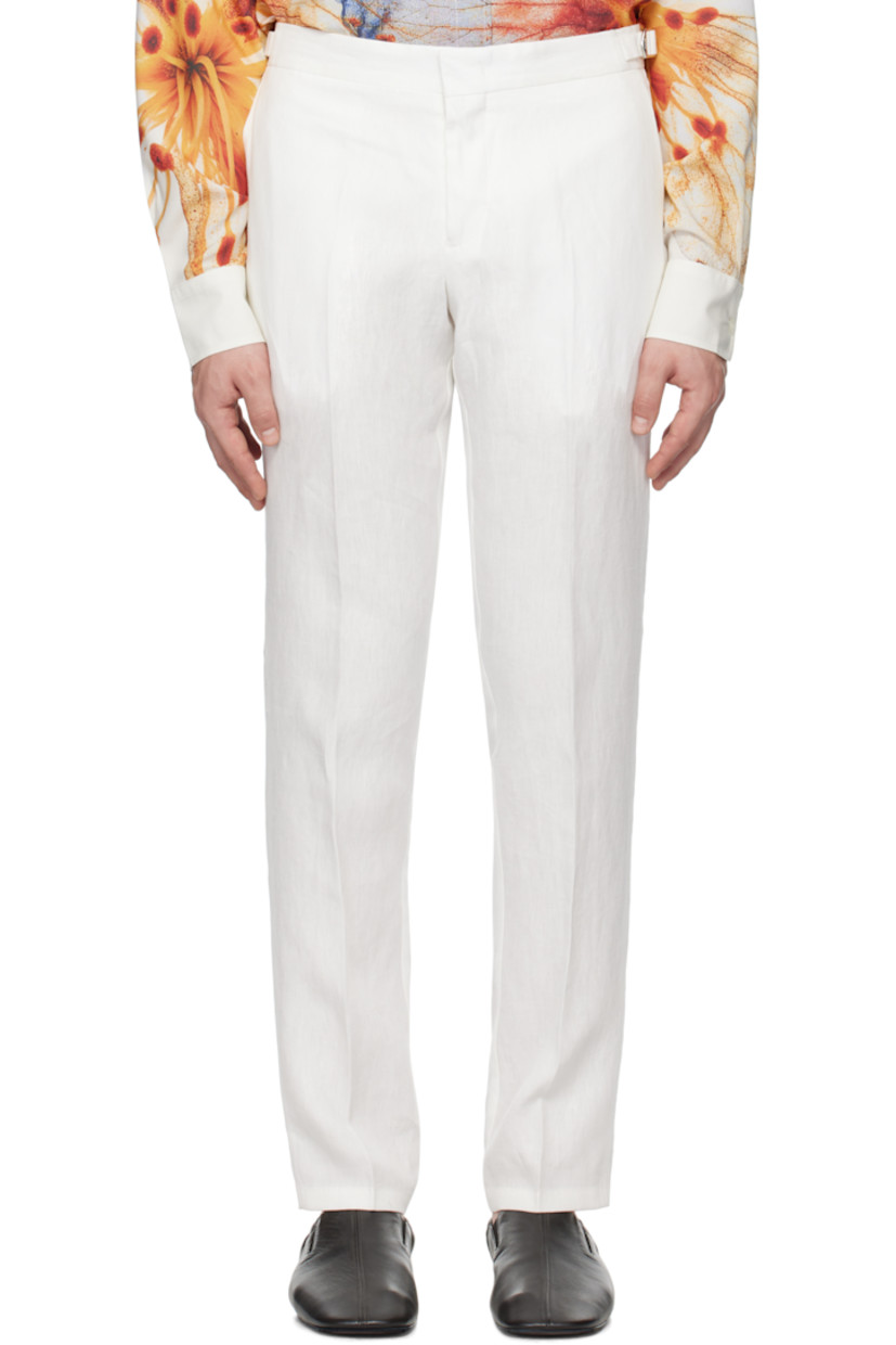 Tapered linen hopsack trousers. Moisture-wicking.

· Three-pocket styling
· Zip-fly
· Creased legs
· Cinch strap at waistband outseams

Supplier color: White sand