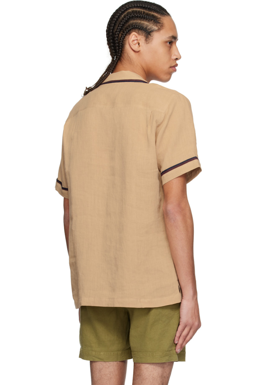 Linen hopsack shirt. Striped trim throughout.

· Open spread collar
· Concealed button closure
· Logo embroidered at side seam
· Vented side seams
· Pleats at back yoke

Supplier color: Biscuit/Damson/Night