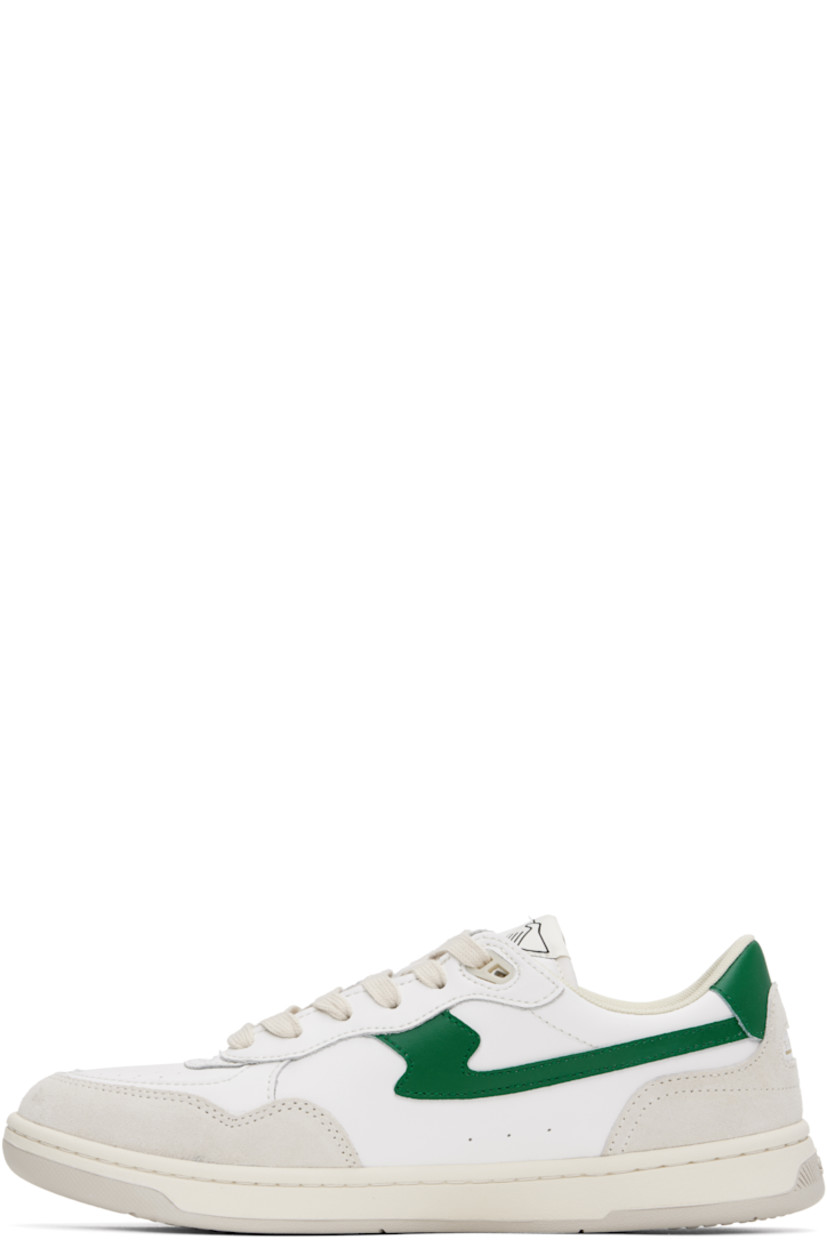 Low-top buffed leather and suede sneakers in white.

· Perforated detailing at toe
· Lace-up closure
· Logo patch at tongue
· Padded collar
· Text printed at outer side and heel
· Logo embossed at midsole
· Mesh lining
· Treaded rubber sole

Supplier color: White/Green
