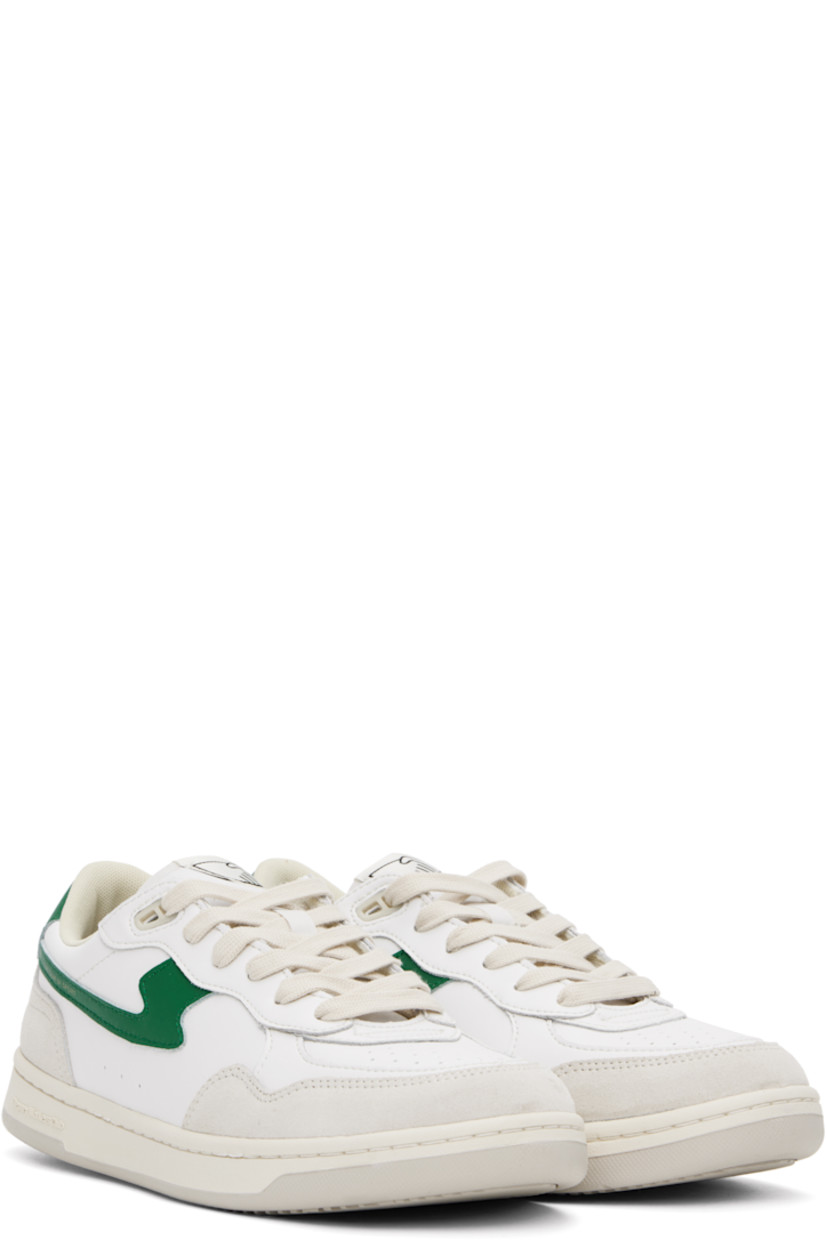 Low-top buffed leather and suede sneakers in white.

· Perforated detailing at toe
· Lace-up closure
· Logo patch at tongue
· Padded collar
· Text printed at outer side and heel
· Logo embossed at midsole
· Mesh lining
· Treaded rubber sole

Supplier color: White/Green