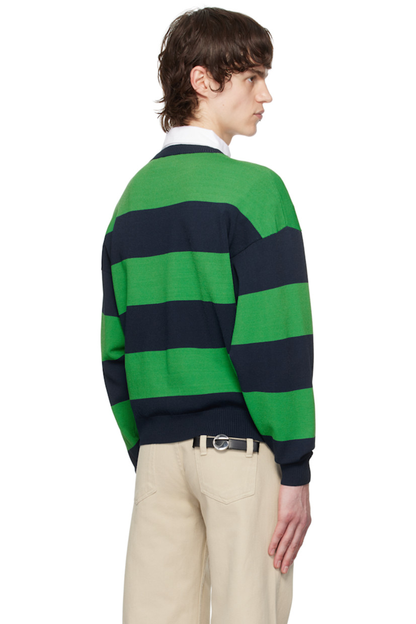 Knit viscose-blend sweater. Intarsia stripes throughout.

· Rib-knit crewneck, hem, and cuffs
· Logo embroidered at chest
· Dropped shoulders

Supplier color: Green/Blue