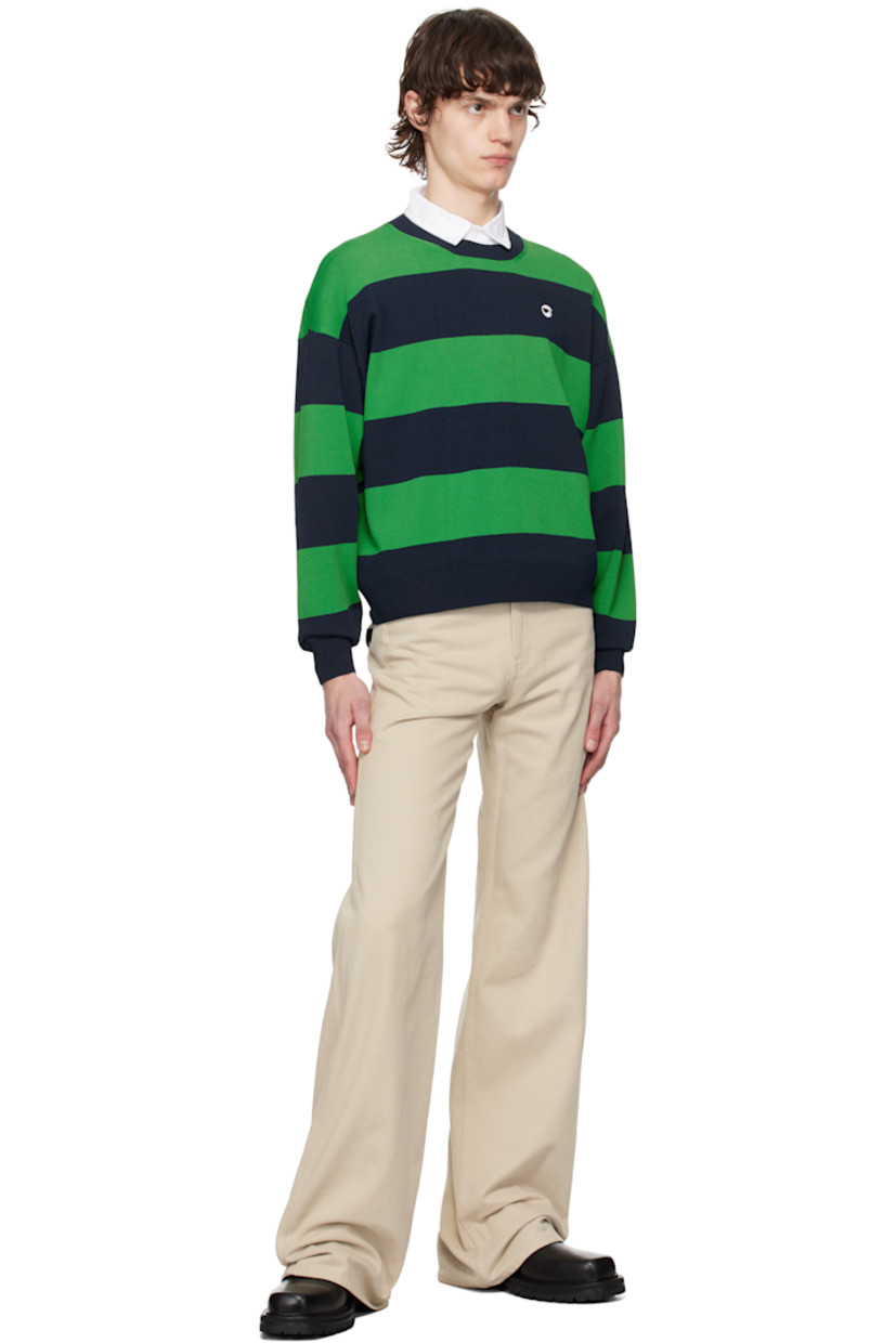 Knit viscose-blend sweater. Intarsia stripes throughout.

· Rib-knit crewneck, hem, and cuffs
· Logo embroidered at chest
· Dropped shoulders

Supplier color: Green/Blue