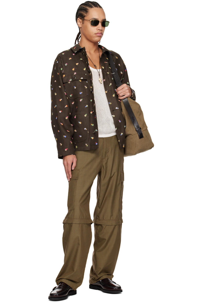 Plain-woven silk cargo pants. Check pattern throughout.

· Belt loops
· Four-pocket styling
· Zip fly
· Cinch straps at waistband
· Zip fastening at knees for shorts styling
· Drawstring at cuffs
· Flap pocket at outseams
· Logos embroidered at back
· Buffalo horn hardware

Supplier color: Brown