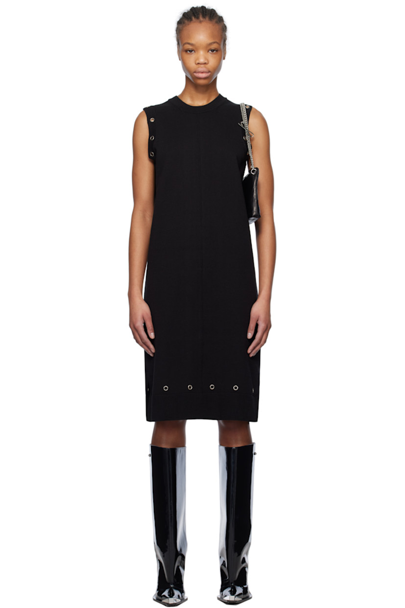 Knit cotton mini dress.

· Rib-knit crewneck, hem, and armscyes
· Pinched seam at front and back
· Eyelets at hem and armscyes
· Vented side seams

Supplier color: Black