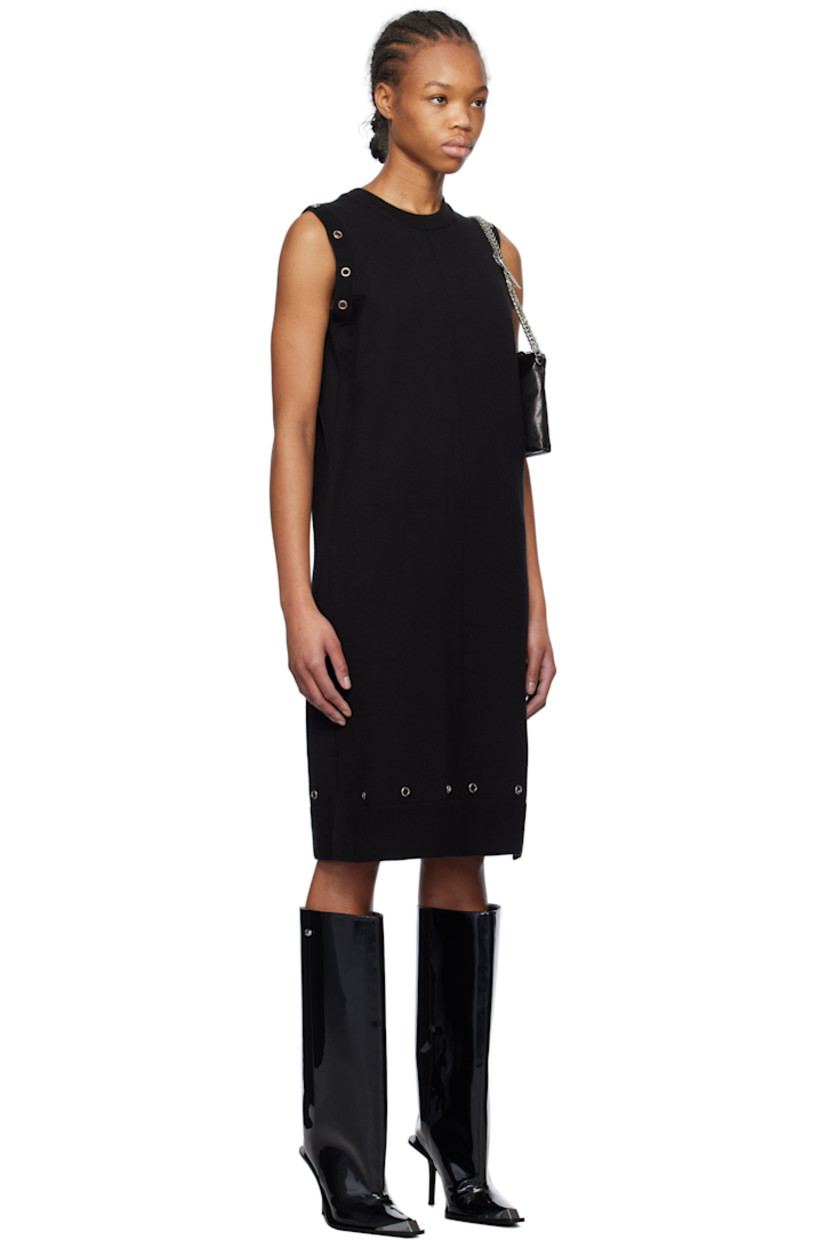 Knit cotton mini dress.

· Rib-knit crewneck, hem, and armscyes
· Pinched seam at front and back
· Eyelets at hem and armscyes
· Vented side seams

Supplier color: Black
