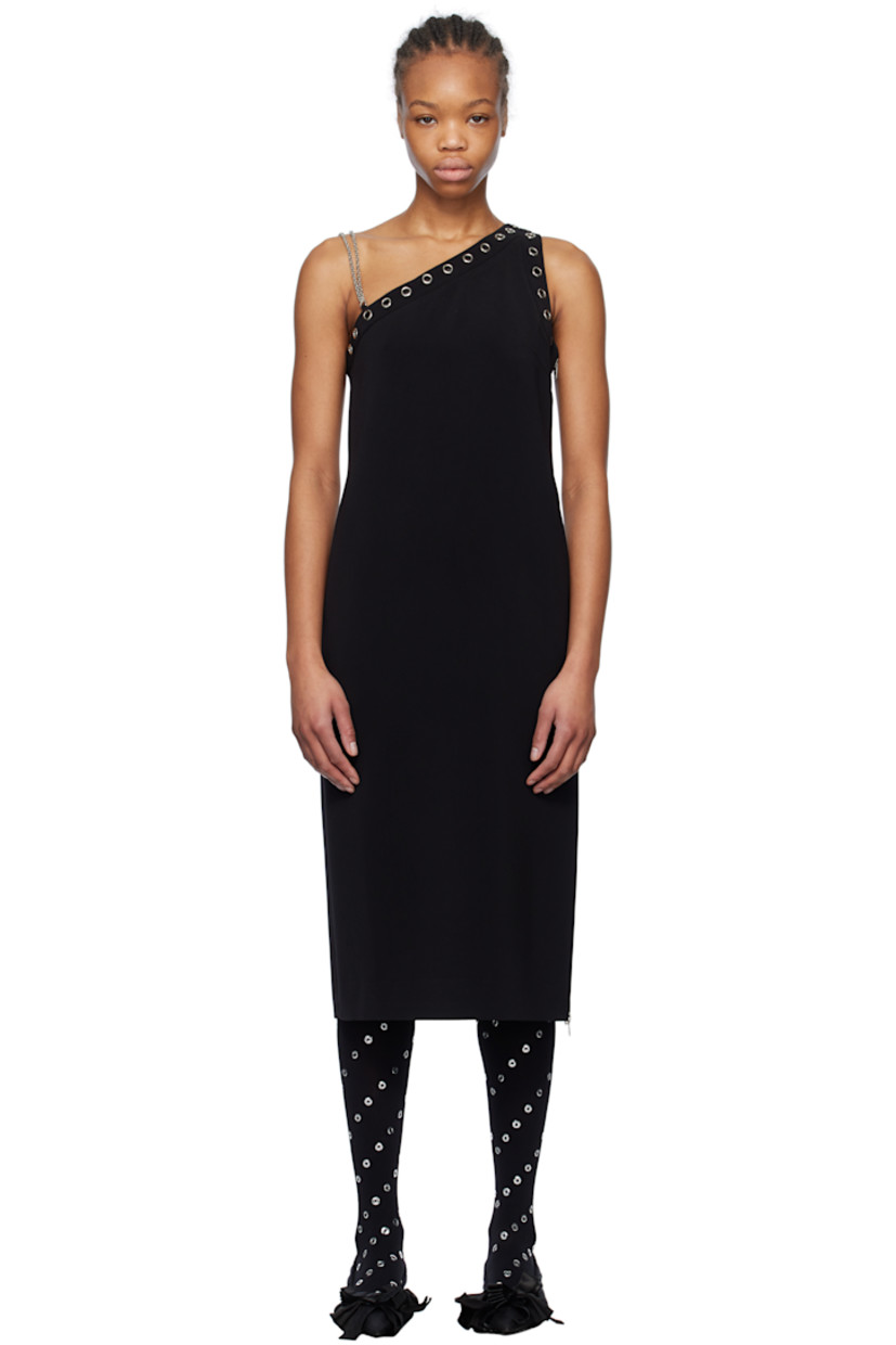 Plain-woven stretch polyester midi dress.

· Eyelets at asymmetric neck and armscye
· Curb chain shoulder strap
· Two-way zip closure at side seam
· Central vent at back hem

Supplier color: Black