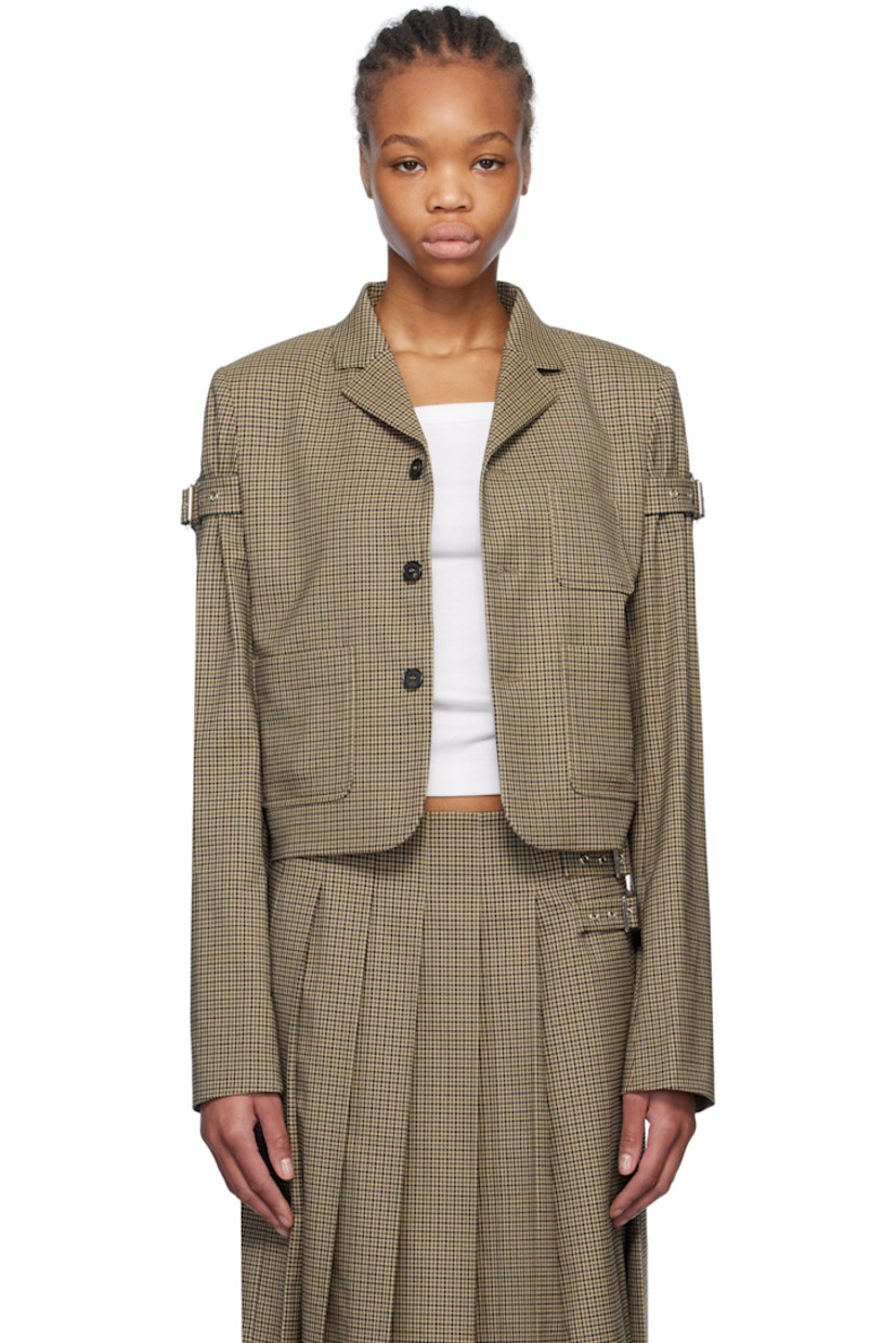 Stretch polyester-blend twill blazer. Check pattern throughout.

· Notched lapel
· Button closure
· Patch pockets
· Logo embroidered at front
· Cropped hem
· Padded shoulders
· Integrated pin-buckle strap at sleeves
· Three-button surgeon's cuffs
· Full logo-woven satin lining

Supplier color: Beige
