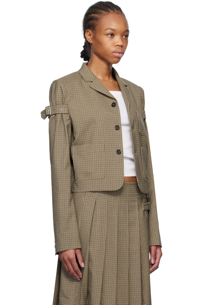 Stretch polyester-blend twill blazer. Check pattern throughout.

· Notched lapel
· Button closure
· Patch pockets
· Logo embroidered at front
· Cropped hem
· Padded shoulders
· Integrated pin-buckle strap at sleeves
· Three-button surgeon's cuffs
· Full logo-woven satin lining

Supplier color: Beige