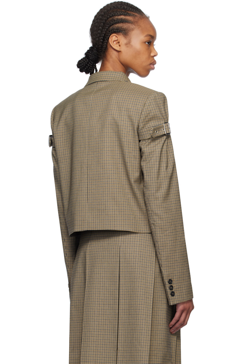 Stretch polyester-blend twill blazer. Check pattern throughout.

· Notched lapel
· Button closure
· Patch pockets
· Logo embroidered at front
· Cropped hem
· Padded shoulders
· Integrated pin-buckle strap at sleeves
· Three-button surgeon's cuffs
· Full logo-woven satin lining

Supplier color: Beige