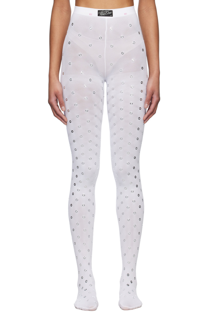 Stretch nylon jersey tights in white. 

· Metal eyelets throughout
· Logo patch at elasticized waistband
· Integrated feet

Supplier color: White