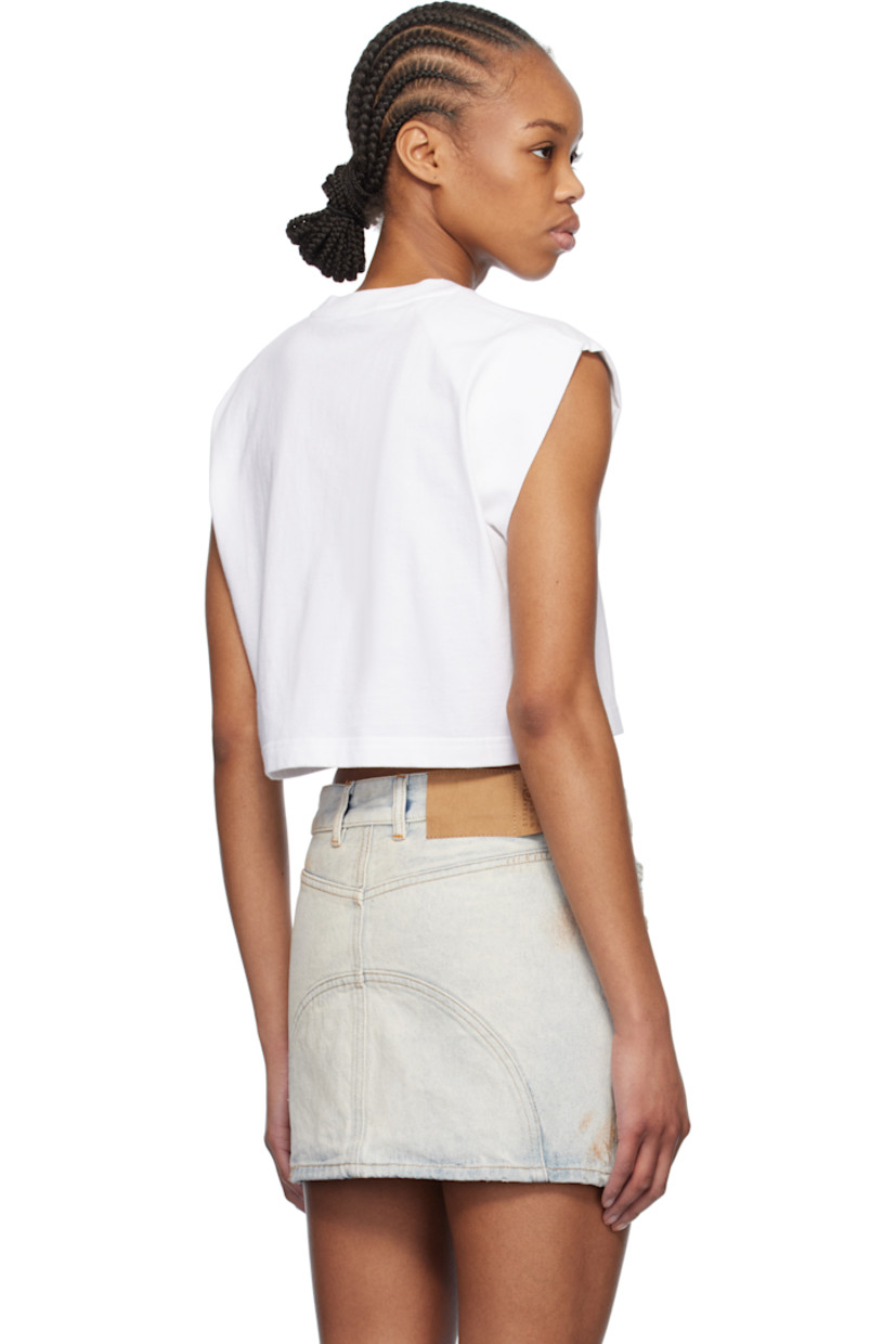 Cotton jersey top.

· Rib-knit crewneck
· Logo embroidered at chest
· Cropped hem
· Raw edge at armscyes

Supplier color: White