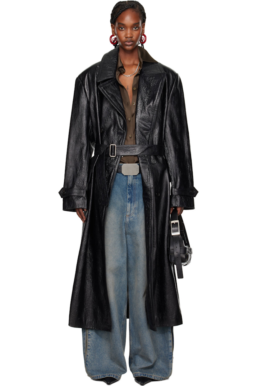 Crinkled calfskin coat.

· Wrap construction 
· Peaked lapel
· Double-breasted button closure
· Flap pockets
· Belt loops
· Detachable cinch belt
· Button tab at cuffs
· Central vent at back hem 
· Welt pocket at interior  
· Graphic-woven cupro satin lining 

Supplier color: Black