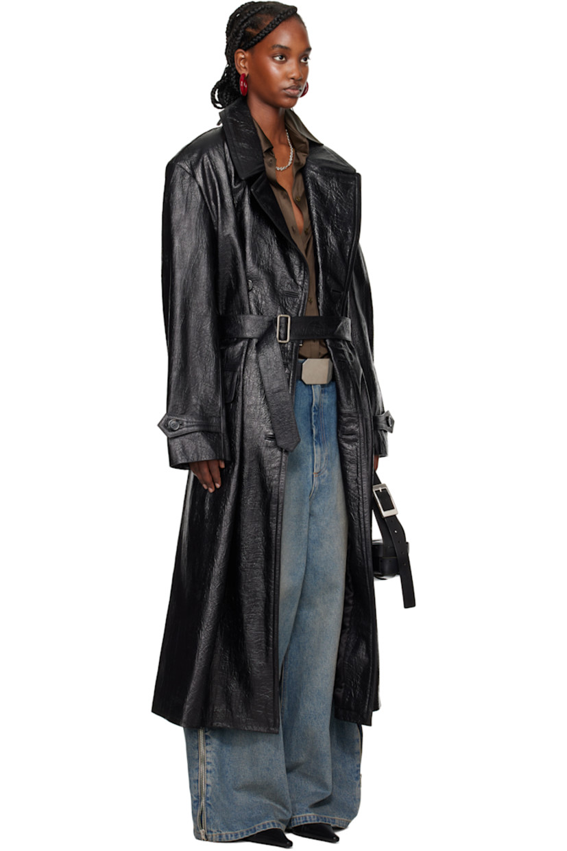 Crinkled calfskin coat.

· Wrap construction 
· Peaked lapel
· Double-breasted button closure
· Flap pockets
· Belt loops
· Detachable cinch belt
· Button tab at cuffs
· Central vent at back hem 
· Welt pocket at interior  
· Graphic-woven cupro satin lining 

Supplier color: Black