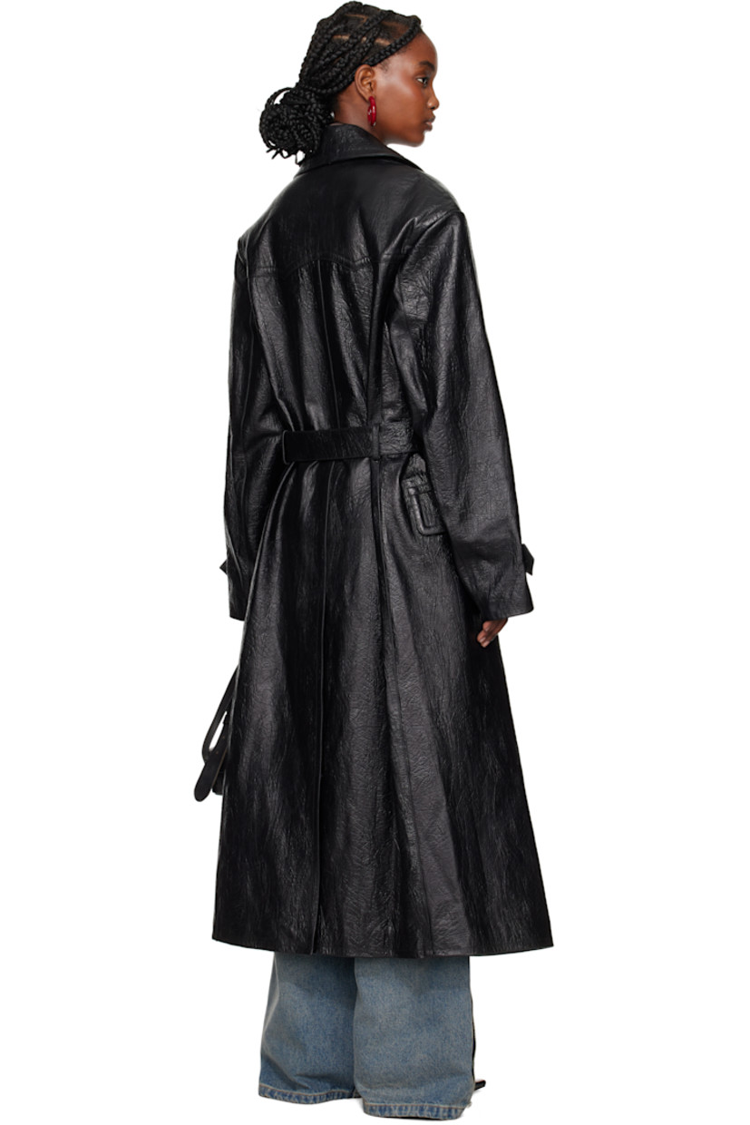 Crinkled calfskin coat.

· Wrap construction 
· Peaked lapel
· Double-breasted button closure
· Flap pockets
· Belt loops
· Detachable cinch belt
· Button tab at cuffs
· Central vent at back hem 
· Welt pocket at interior  
· Graphic-woven cupro satin lining 

Supplier color: Black