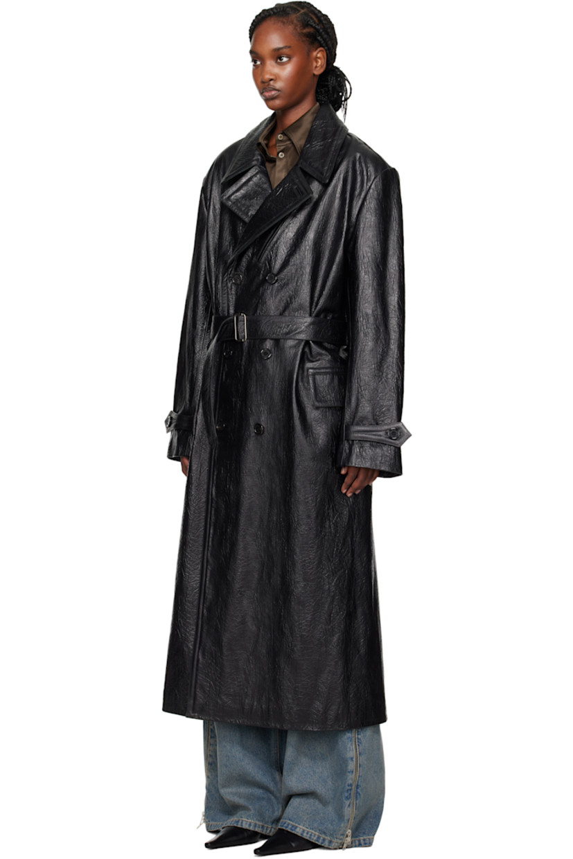 Crinkled calfskin coat.

· Wrap construction 
· Peaked lapel
· Double-breasted button closure
· Flap pockets
· Belt loops
· Detachable cinch belt
· Button tab at cuffs
· Central vent at back hem 
· Welt pocket at interior  
· Graphic-woven cupro satin lining 

Supplier color: Black