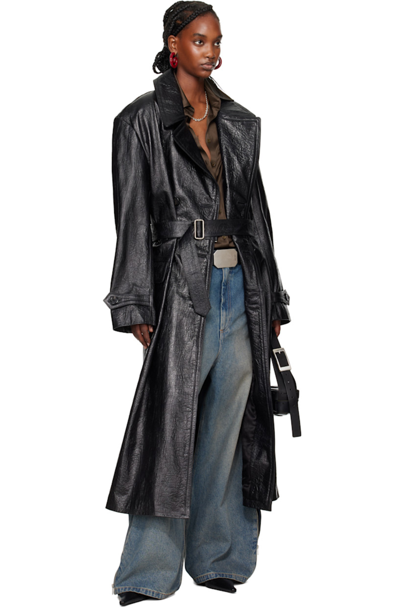 Crinkled calfskin coat.

· Wrap construction 
· Peaked lapel
· Double-breasted button closure
· Flap pockets
· Belt loops
· Detachable cinch belt
· Button tab at cuffs
· Central vent at back hem 
· Welt pocket at interior  
· Graphic-woven cupro satin lining 

Supplier color: Black