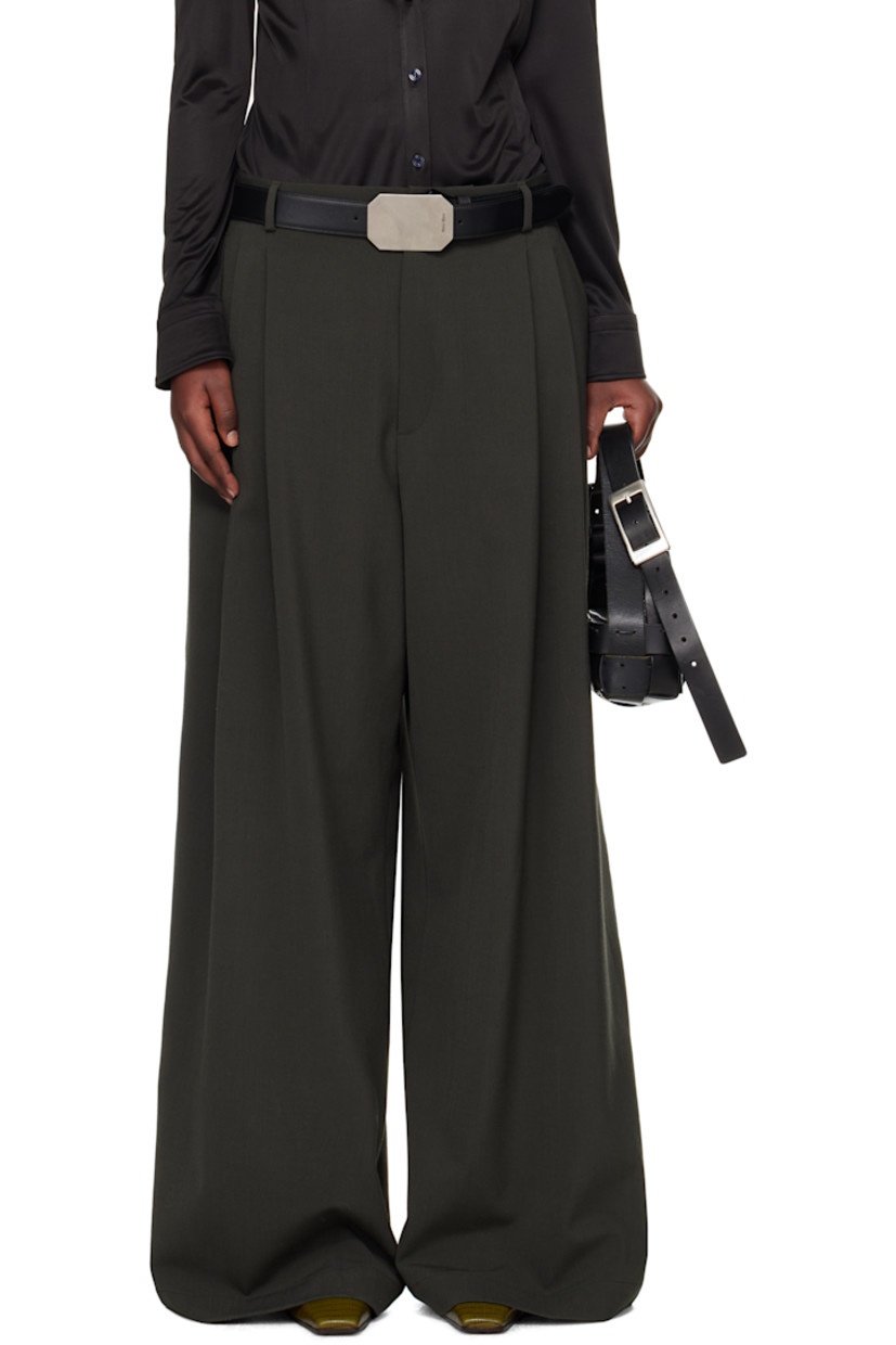 Wide-leg stretch polyester- and virgin wool-blend twill trousers.

· Lightweight
· Belt loops
· Four-pocket styling
· Zip fly
· Pleats at front 
· Partial satin lining 

Supplier color: Military grey