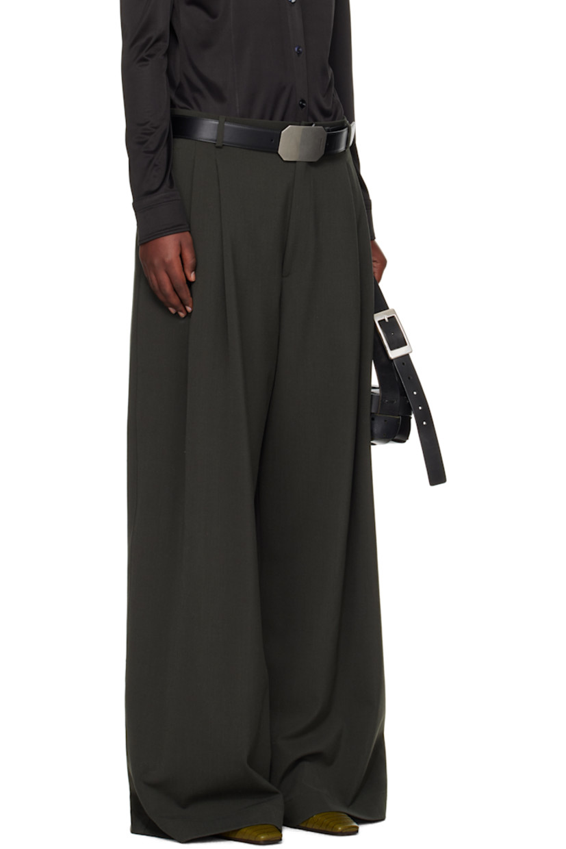 Wide-leg stretch polyester- and virgin wool-blend twill trousers.

· Lightweight
· Belt loops
· Four-pocket styling
· Zip fly
· Pleats at front 
· Partial satin lining 

Supplier color: Military grey