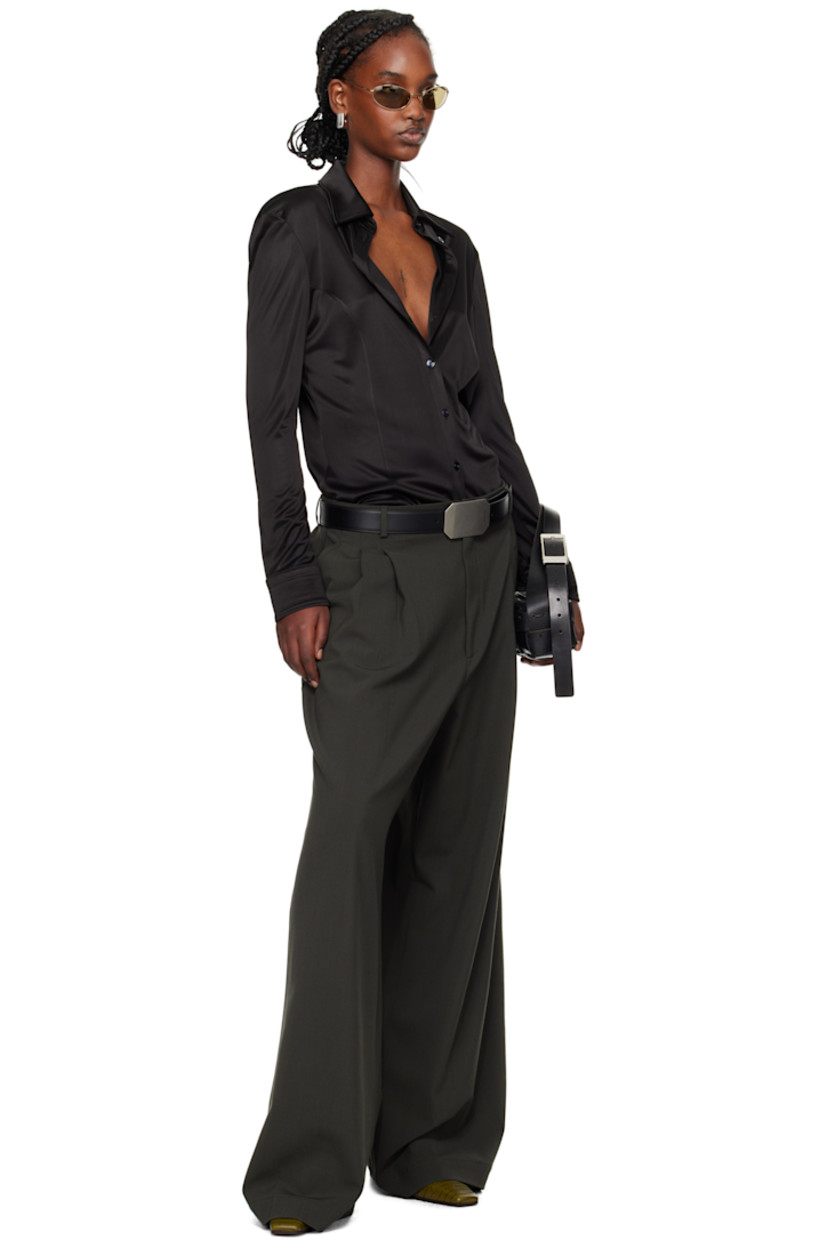 Wide-leg stretch polyester- and virgin wool-blend twill trousers.

· Lightweight
· Belt loops
· Four-pocket styling
· Zip fly
· Pleats at front 
· Partial satin lining 

Supplier color: Military grey