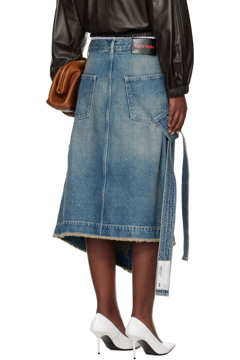 Loose-fit non-stretch denim midi skirt. Fading throughout

· Wrap construction
· Belt loops
· Four-pocket styling
· Adjustable button closure
· Self-tie fastening
· Frayed edge at hem
· Patch pockets at side seam
· Logo patch at back waistband
· Logo-engraved silver-tone hardware 
· Contrast stitching in white

Supplier color: Lawless blue