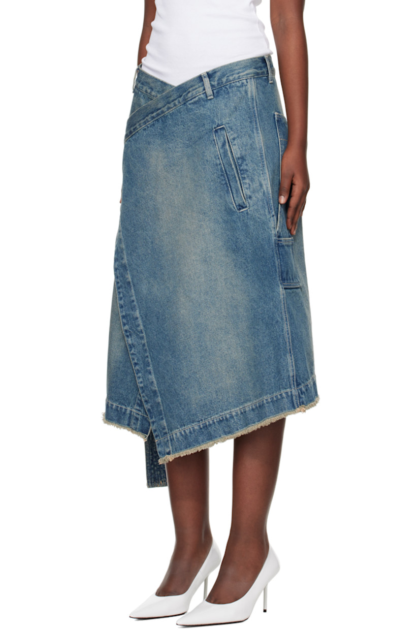 Loose-fit non-stretch denim midi skirt. Fading throughout

· Wrap construction
· Belt loops
· Four-pocket styling
· Adjustable button closure
· Self-tie fastening
· Frayed edge at hem
· Patch pockets at side seam
· Logo patch at back waistband
· Logo-engraved silver-tone hardware 
· Contrast stitching in white

Supplier color: Lawless blue