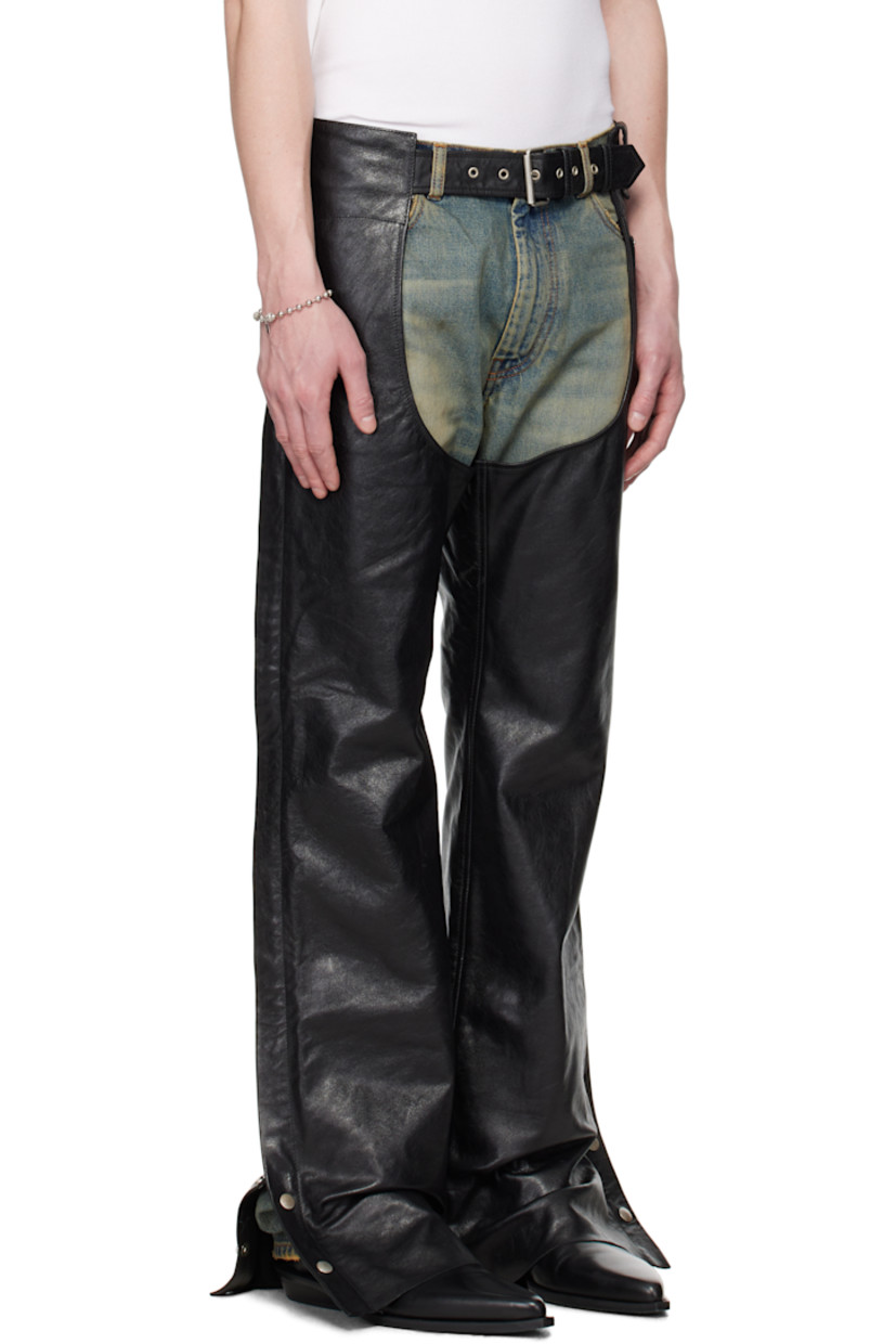 Non-stretch denim jeans. Fading, whiskering, and distressing throughout.

· Layered construction 
· Detachable grained leather overlay with pin-buckle fastening 
· Belt loops
· Five-pocket styling
· Zip fly
· Patch pocket at front 
· Two-way zip vent at outseams 
· Press-stud fastening at cuffs
· Lace-up fastening at back waist 
· Logo-engraved silver-tone hardware

Supplier color: Sandwash denim/Black