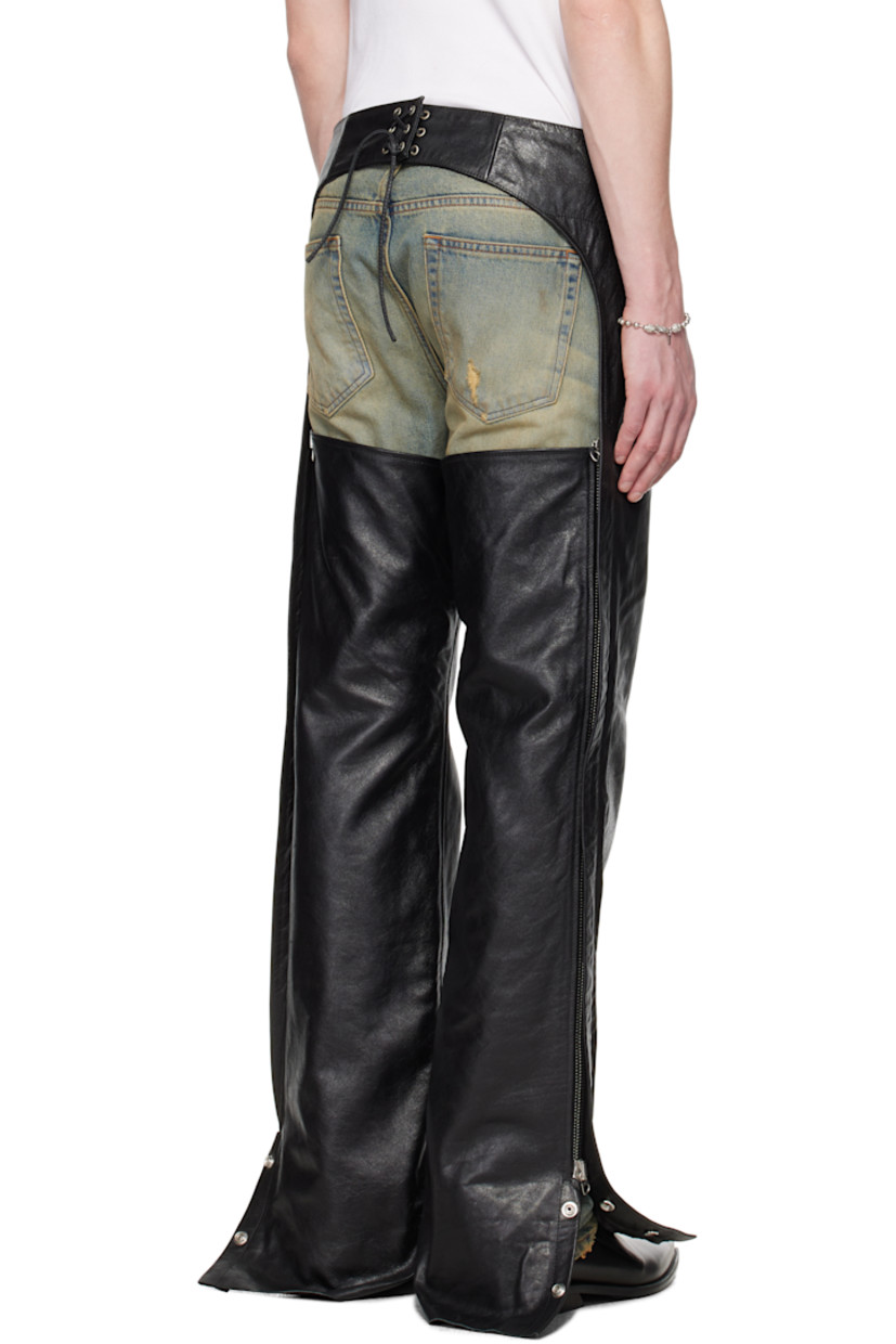 Non-stretch denim jeans. Fading, whiskering, and distressing throughout.

· Layered construction 
· Detachable grained leather overlay with pin-buckle fastening 
· Belt loops
· Five-pocket styling
· Zip fly
· Patch pocket at front 
· Two-way zip vent at outseams 
· Press-stud fastening at cuffs
· Lace-up fastening at back waist 
· Logo-engraved silver-tone hardware

Supplier color: Sandwash denim/Black