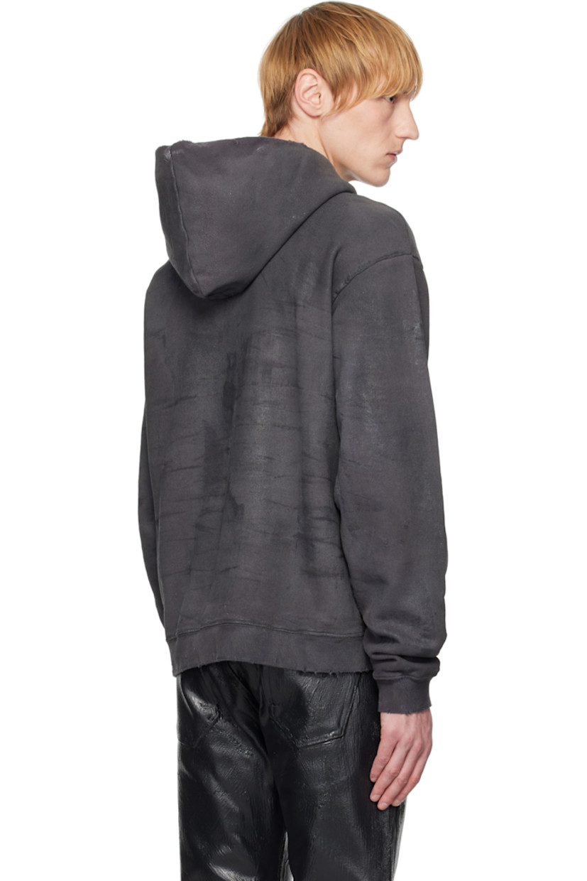 Waxed cotton fleece hoodie. Fading and distressing throughout. 

· Grommets at hood
· O-rings at chest
· Detachable curb chain with charm 
· Kangaroo pocket
· Rib-knit hem and cuffs
· Dropped shoulders
· Logo embroidered at back collar
· Silver-tone and black hardware 

Supplier color: Charcoal