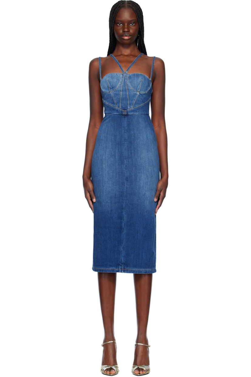Non-stretch denim midi dress. Fading throughout. 

· Paneled construction
· Modified square neck
· Padded cups
· Fixed spaghetti straps
· Zip closure at back 
· Central vent at back hem
· Contrast stitching in tan

Supplier color: Blue denim