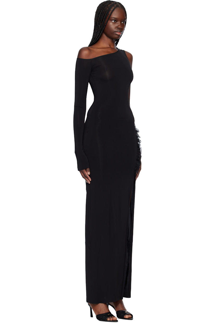 Stretch viscose jersey maxi dress. 

· Asymmetrical off-the-shoulder construction
· Ruffled trim and slit at side seam

Supplier color: Black