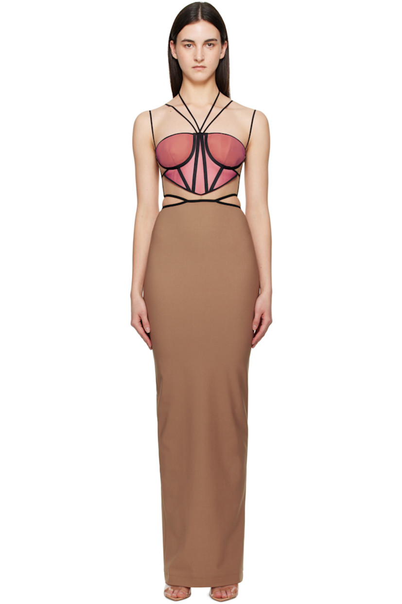 Sheer nylon tulle and stretch viscose-blend jersey maxi dress. Boning throughout.

· Adjustable halter straps
· Sweetheart neck
· Padding at cups
· Cutout at side seams
· Adjustable spaghetti straps
· Zip closure at back
· Central vent at back hem

Supplier color: Macchiato