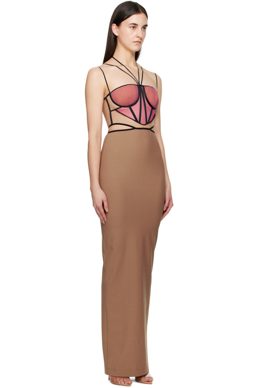 Sheer nylon tulle and stretch viscose-blend jersey maxi dress. Boning throughout.

· Adjustable halter straps
· Sweetheart neck
· Padding at cups
· Cutout at side seams
· Adjustable spaghetti straps
· Zip closure at back
· Central vent at back hem

Supplier color: Macchiato