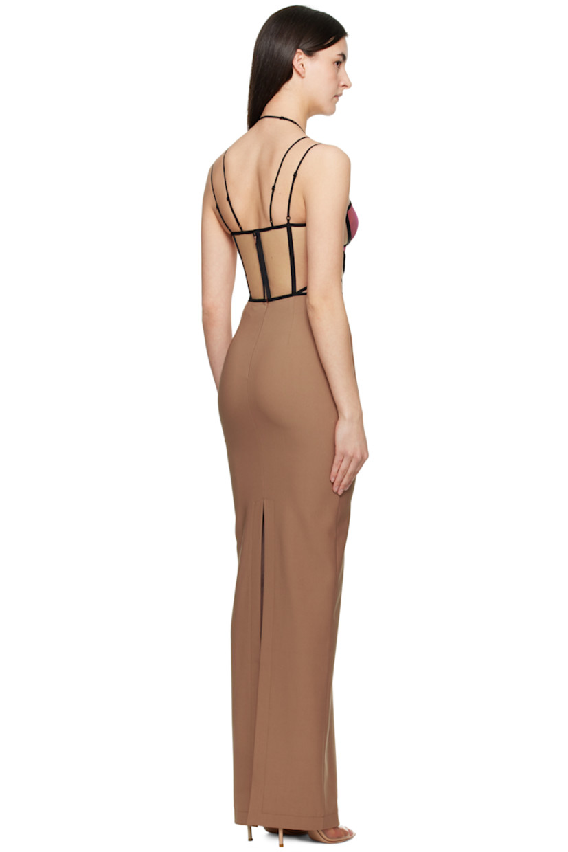 Sheer nylon tulle and stretch viscose-blend jersey maxi dress. Boning throughout.

· Adjustable halter straps
· Sweetheart neck
· Padding at cups
· Cutout at side seams
· Adjustable spaghetti straps
· Zip closure at back
· Central vent at back hem

Supplier color: Macchiato
