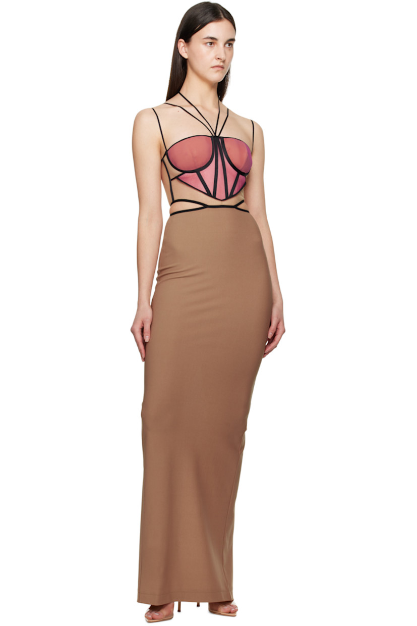 Sheer nylon tulle and stretch viscose-blend jersey maxi dress. Boning throughout.

· Adjustable halter straps
· Sweetheart neck
· Padding at cups
· Cutout at side seams
· Adjustable spaghetti straps
· Zip closure at back
· Central vent at back hem

Supplier color: Macchiato