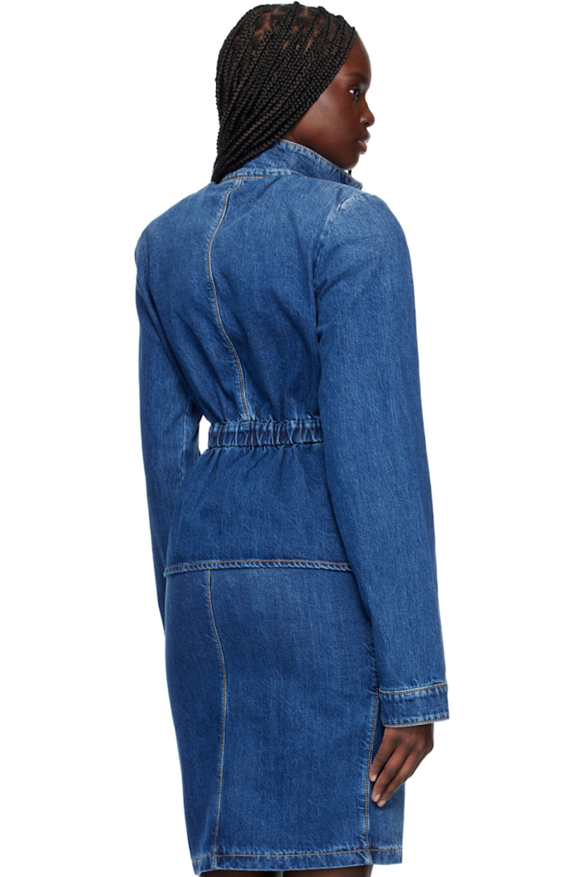 Non-stretch denim jacket. Fading throughout. 

· Spread collar
· Zip closure
· Elasticized waist
· Peplum hem
· Padded shoulders
· Press-stud barrel cuffs
· Contrast stitching in tan
 
Supplier color: Blue denim