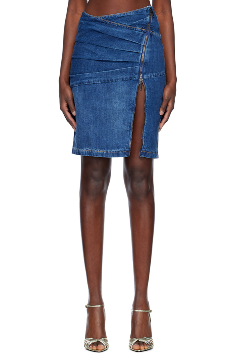 Non-stretch denim midi skirt. Fading throughout. 

�· Pleats at front 
· Offset two-way zip closure
· Darts at back waistband
· Contrast stitching in tan

Supplier color: Blue denim