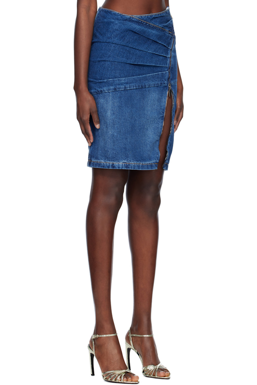 Non-stretch denim midi skirt. Fading throughout. 

· Pleats at front 
· Offset two-way zip closure
· Darts at back waistband
· Contrast stitching in tan

Supplier color: Blue denim